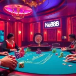 Experience high-stakes gaming at New88's luxurious casino table with vibrant poker chips.