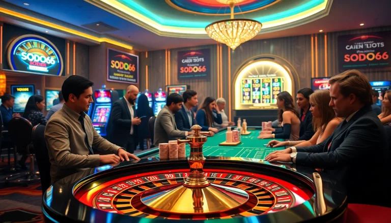 SODO66 gaming environment showcasing an exciting roulette table, poker chips, and dynamic players.