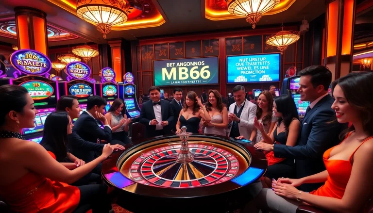 Exciting gameplay at MB66 casino with roulette, slot machines, and enthusiastic players.
