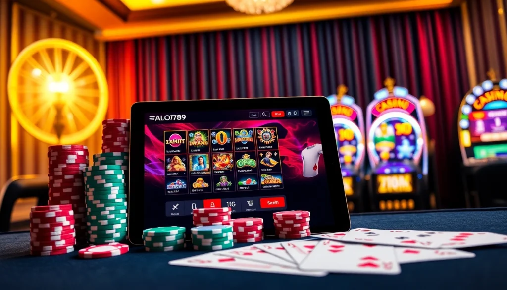 Alo789 casino experience showcasing vibrant poker chips and slot machines in an inviting atmosphere.