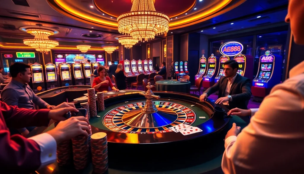 Players engaging in thrilling casino activities at AE888's vibrant gambling atmosphere.