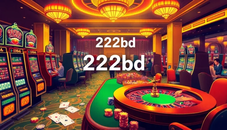 A vibrant casino scene showcasing players at tables and slot machines with the keyword 222bd prominently featured.