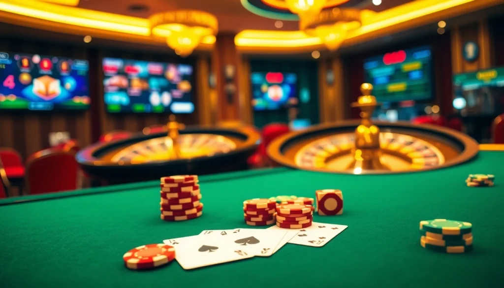 Game bài xn88 players engaging at a luxurious casino table with colorful chips and cards.