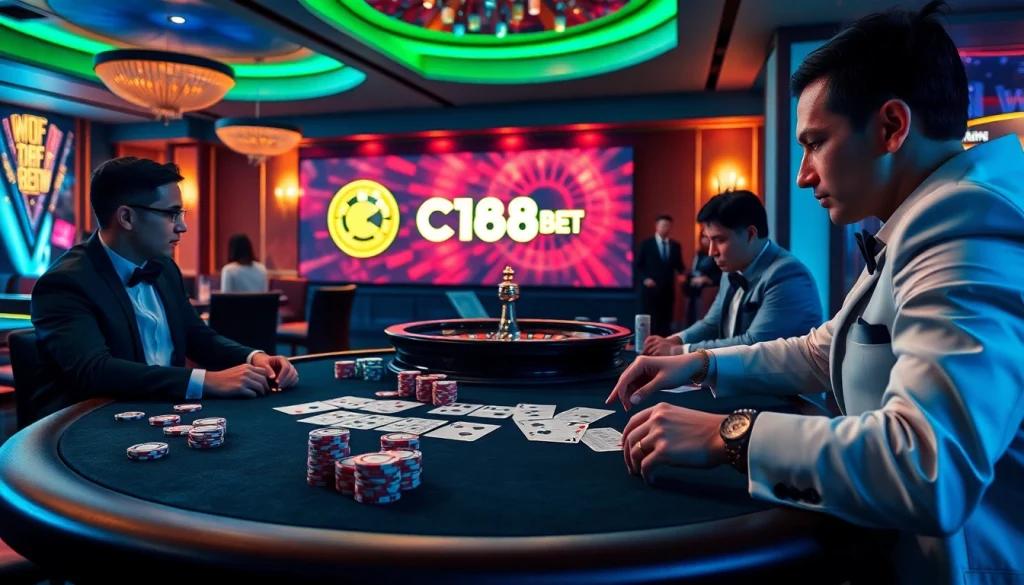 Players strategizing at a glamorous poker table in a casino scene, promoting C168 BET experience.