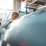 Applying paint protection film near me on a car in a professional workshop environment.
