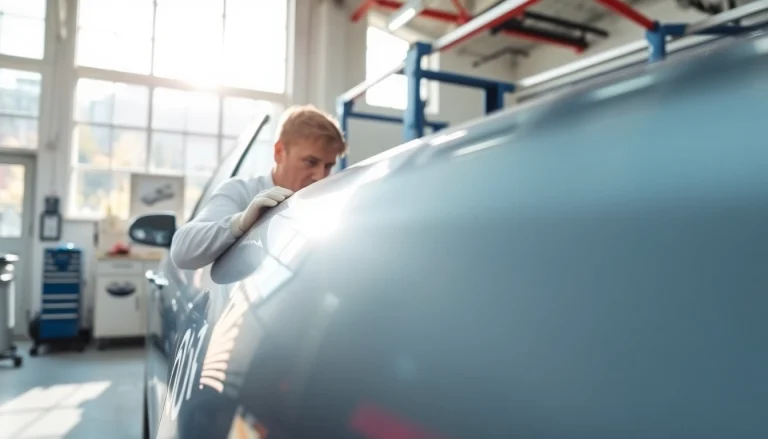 Applying paint protection film near me on a car in a professional workshop environment.