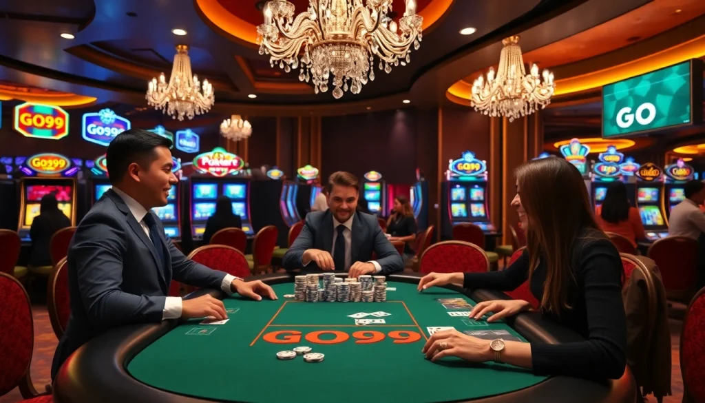 Gambling at a GO99 branded high-stakes poker table featuring excited players and vibrant slot machines.