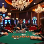 Gambling at a GO99 branded high-stakes poker table featuring excited players and vibrant slot machines.
