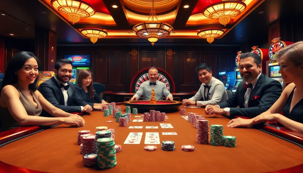 Engage in thrilling game bài 68win strategies at a vibrant poker table with colorful chips.