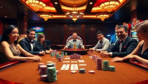 Engage in thrilling game bài 68win strategies at a vibrant poker table with colorful chips.