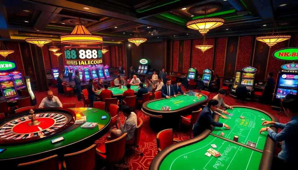 NK88 players enjoying intense games at a luxurious casino filled with vibrant tables and slot machines.