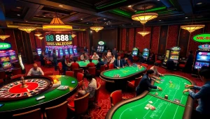 NK88 players enjoying intense games at a luxurious casino filled with vibrant tables and slot machines.