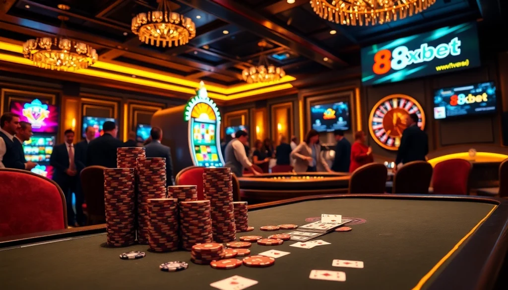 Win big with 8Xbet at an upscale casino featuring vibrant slot machines and exciting poker games.
