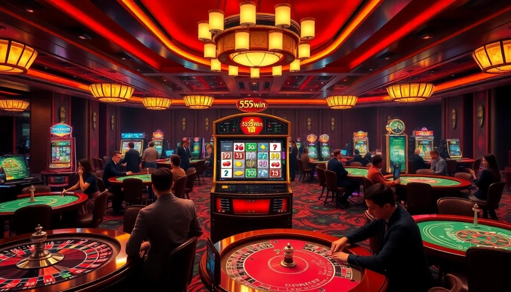 Players enjoying thrilling games at a luxurious casino, highlighting 555win’s exciting atmosphere.
