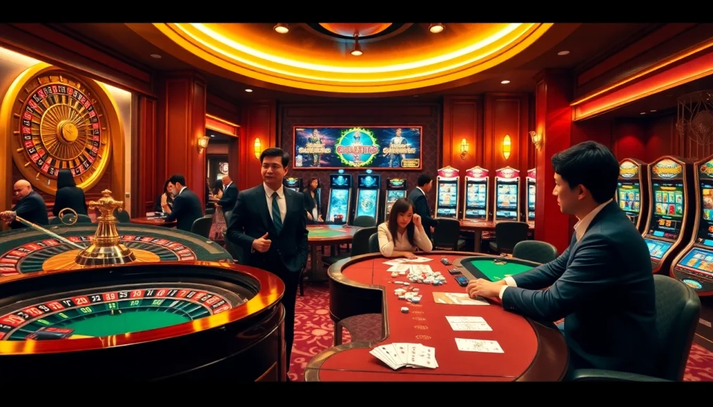 Engaging scene of players enjoying game bài đổi thưởng at a luxurious casino table.