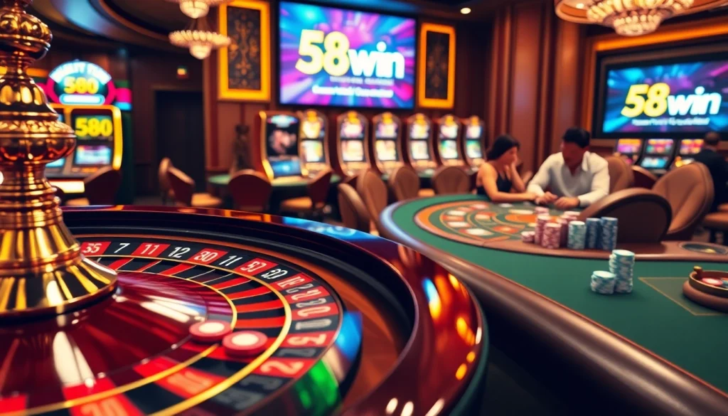Exciting casino experience at 58win with vibrant slot machines and a roulette wheel.