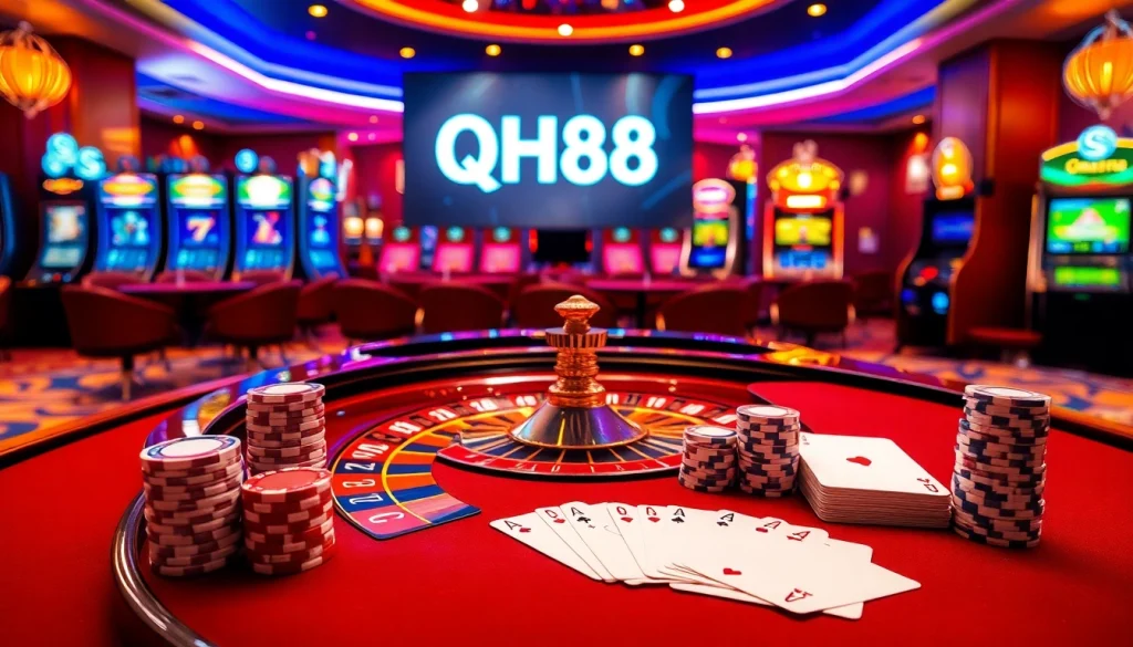 Experience the thrill of QH88 with a luxurious casino vibe, featuring roulette, chips, and vibrant slots.