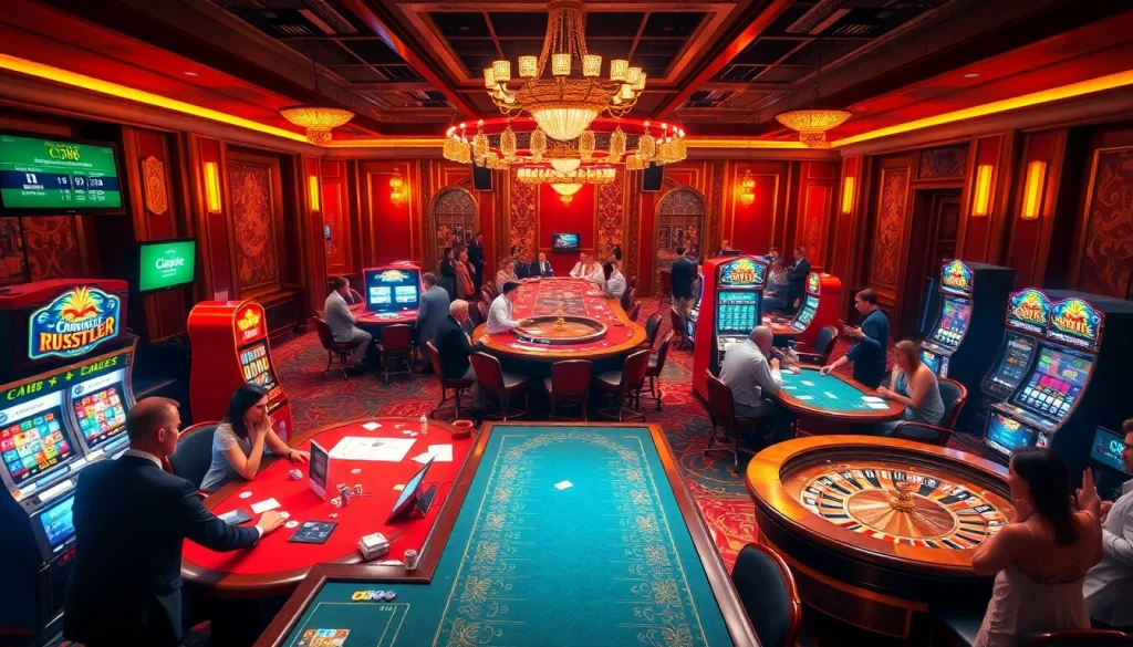 C168 players enjoying a vibrant casino atmosphere with poker tables and vibrant slot machines.