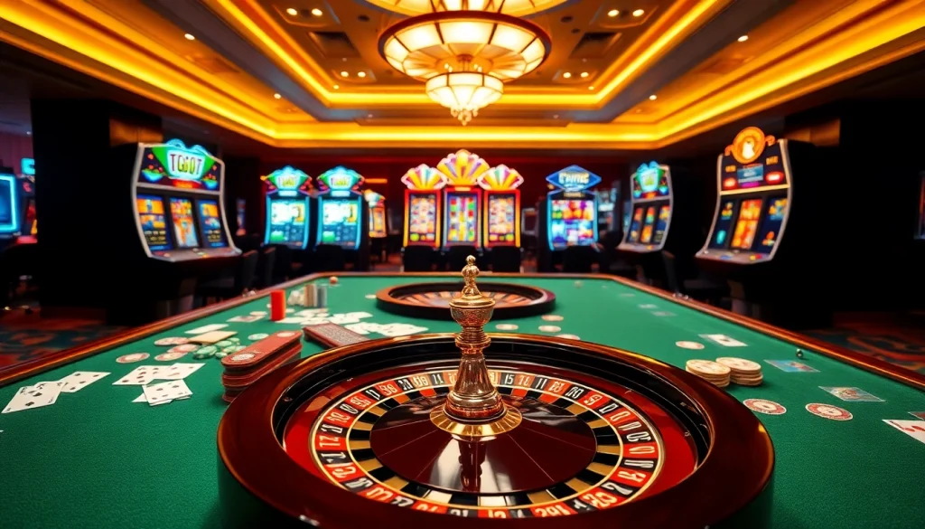 Experience the thrill of online gaming at TG777, featuring a luxurious casino setting.