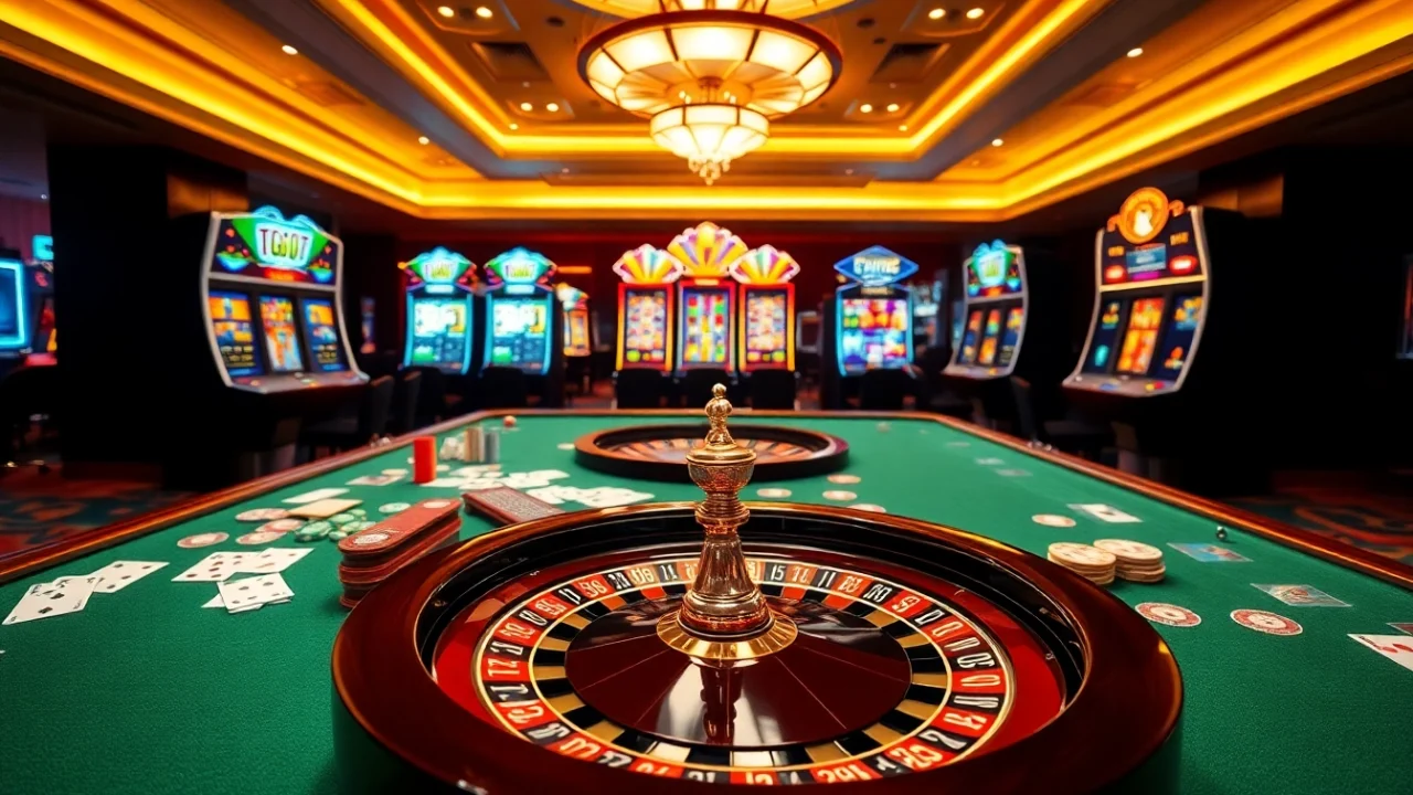 Experience the thrill of online gaming at TG777, featuring a luxurious casino setting.