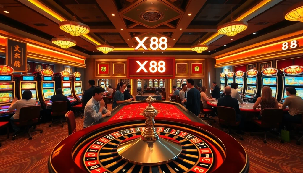 Experience the excitement of Xin 88 as players engage in vibrant casino games amidst luxury decor.