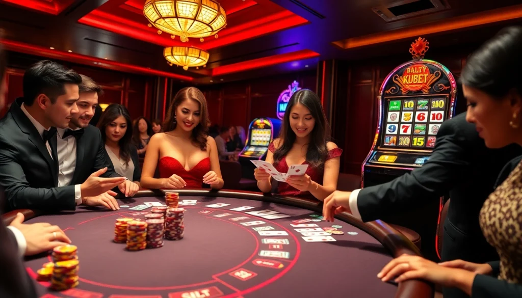 Kubet casino scene with enthusiastic players at a luxurious table and vibrant slot machines.