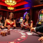 Kubet casino scene with enthusiastic players at a luxurious table and vibrant slot machines.