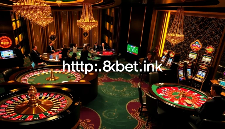 A thrilling moment at the casino with players enjoying games at http://8kbet.ink/, showcasing exciting roulette action and vibrant poker tables.