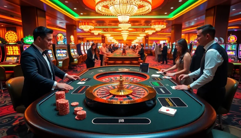 Experience the excitement at J8 casino with professional dealers and vibrant gaming tables.