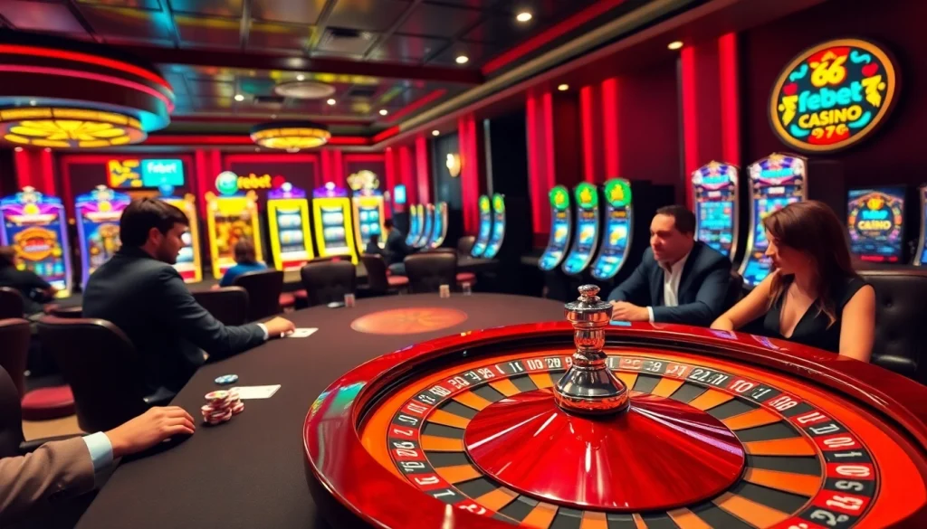 Experience the thrill of febet's casino with players enjoying vibrant games at the table.