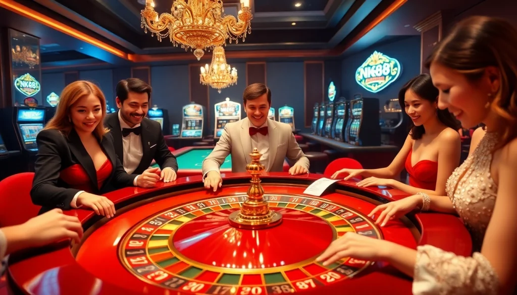 Players at the nk88 casino joyfully placing bets at an elegant roulette table.