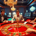Players at the nk88 casino joyfully placing bets at an elegant roulette table.