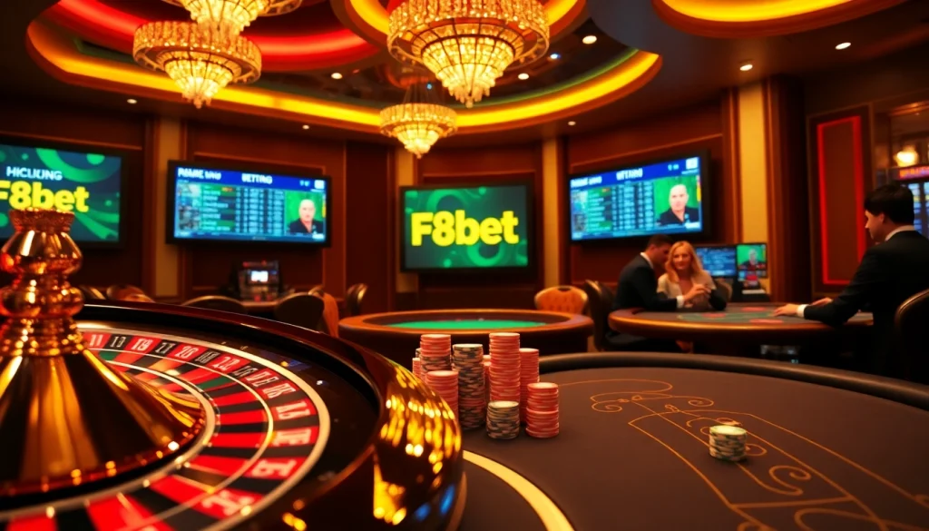 Experience the excitement of F8bet with vibrant casino visuals featuring roulette, poker chips, and blackjack tables.