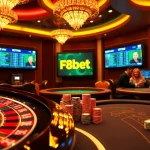 Experience the excitement of F8bet with vibrant casino visuals featuring roulette, poker chips, and blackjack tables.