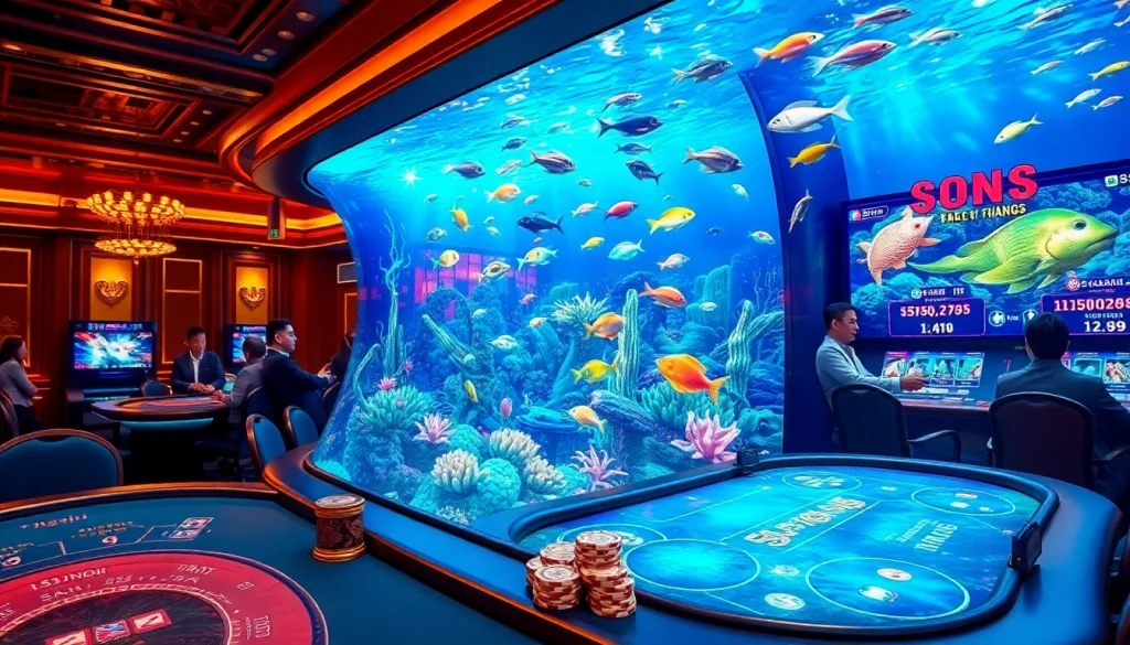 Experience the excitement of bắn cá đổi thưởng with vibrant underwater scenes and engaged players in a casino setting.