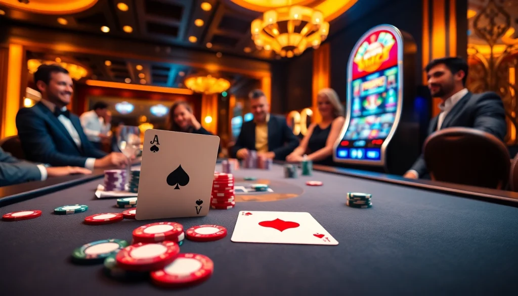 Players engaged at a high-stakes poker table at J88 casino, capturing the excitement and luxury of gambling.
