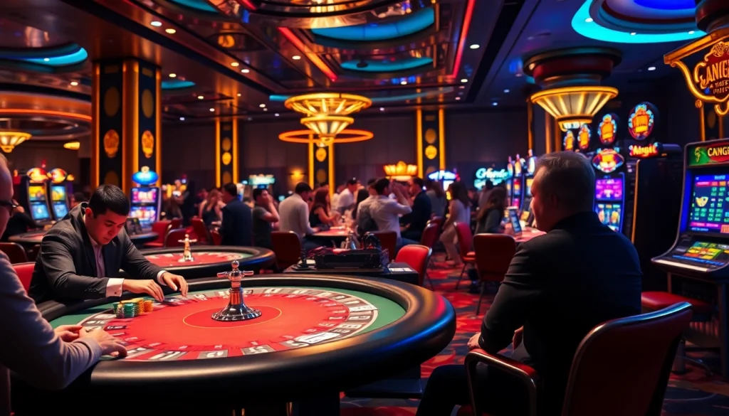 Excited players engaging in high-stakes poker at MM88 casino, surrounded by vibrant gaming elements.