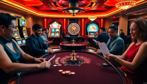 Kubet players enjoying immersive casino games at luxurious poker tables and vibrant slot machines.