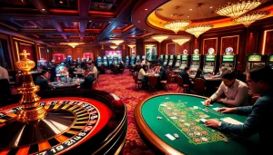 Explore exciting gaming options at https://rr88co.net/ with a luxurious casino atmosphere featuring vibrant tables and slot machines.