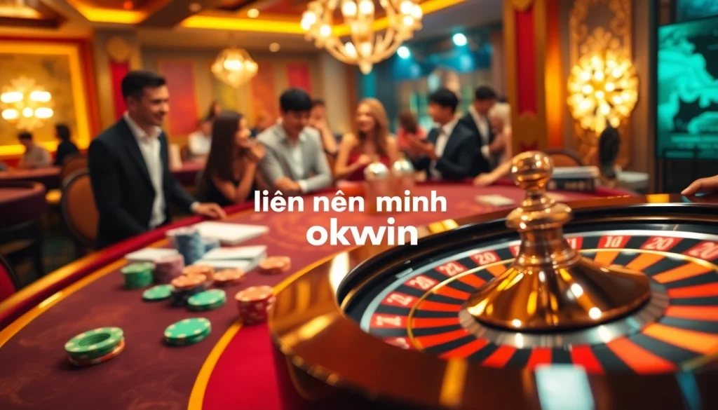 Players enjoying lively games at a luxurious casino table showcasing liên minh okwin excitement.
