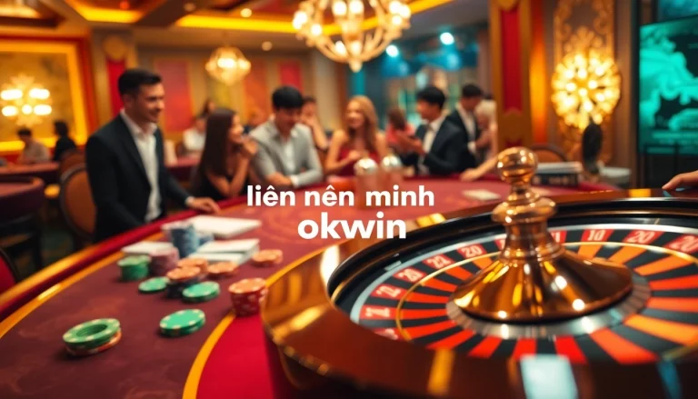 Players enjoying lively games at a luxurious casino table showcasing liên minh okwin excitement.