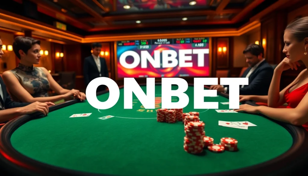 Players enjoying poker at ONBET's luxurious online casino environment.
