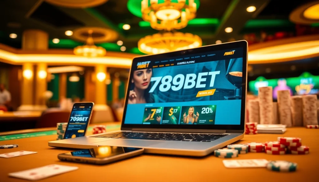 Experience the thrill of online gambling with 789BET, featuring a dynamic casino scene.