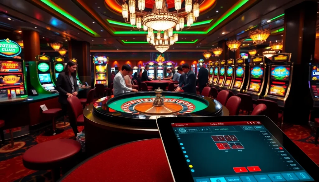 Experience the thrill of Luckywin at a vibrant casino with roulette and slot machines.