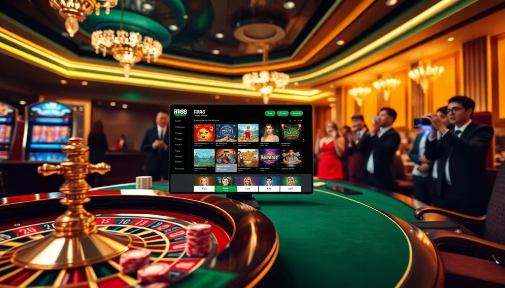 RR88 casino excitement with players engaging in vibrant games, showcasing luxury and charm.