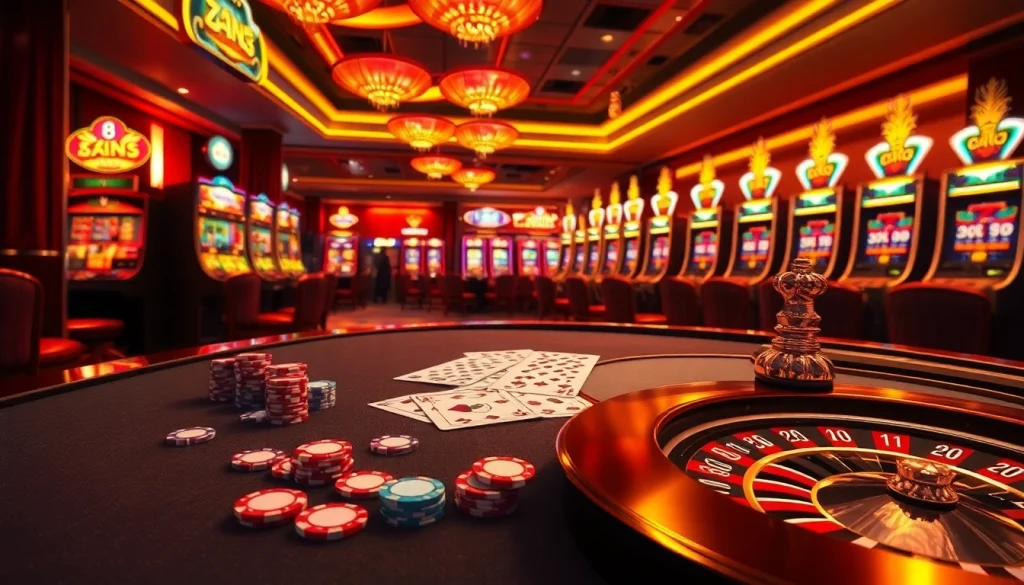 Engaging players in a thrilling nohu90 casino atmosphere with poker tables, vibrant slot machines, and roulette.