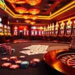 Engaging players in a thrilling nohu90 casino atmosphere with poker tables, vibrant slot machines, and roulette.