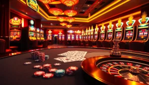 Engaging players in a thrilling nohu90 casino atmosphere with poker tables, vibrant slot machines, and roulette.