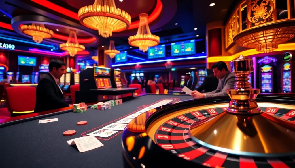 EE88 players engaging with luxurious casino tables, showcasing excitement and high-stakes betting.