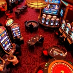 Play Nổ hũ at an exciting casino scene featuring vibrant slot machines and engaging players.